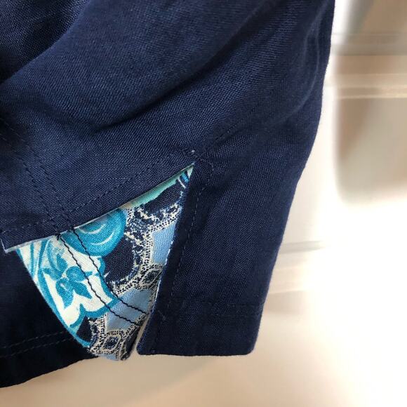 Chico's Wms 1/Med Blue Print 100% Linen Snap Front Jacket Reversible Boho Artsy - Picture 8 of 11